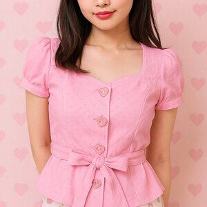 Pink Satin Cap-Sleeve Top or Jacket S Frilly Tailored Coquette Kawaii